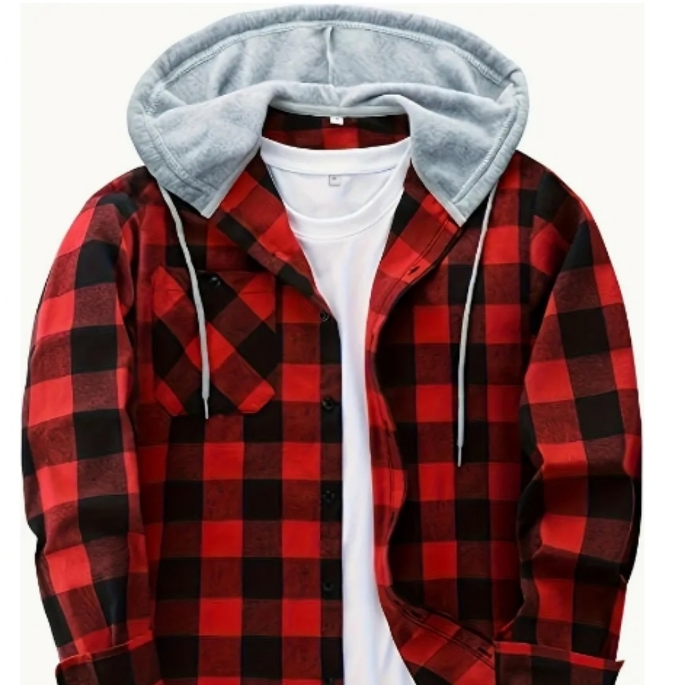 Plaid Shirt Coat For Men Long Sleeve Casual Regular Fit Button Up Hooded Shirts
